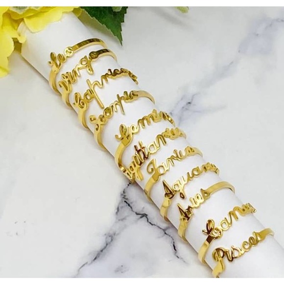 Aquarius Zodiac Scripted Stacking Layering Ring - Picture 3 of 6